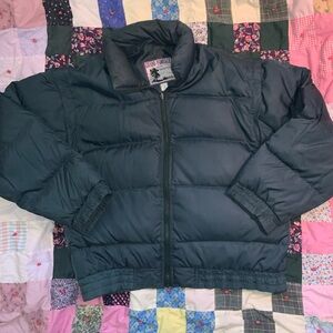 sportstop puffer jacket/ vest down filling blue green zipper convertible vintage